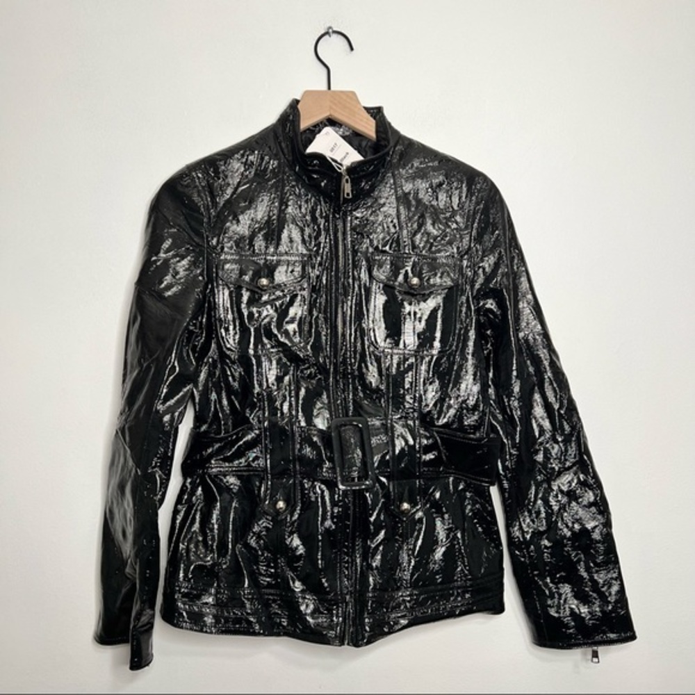 Carmin Los Angeles Black Long Sleeve Faux Leather Zip Up Belted Jacket Large NWT